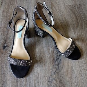 Betsy Johnson Embellished Black Block Heel Sandals - Size 6.5 Women's